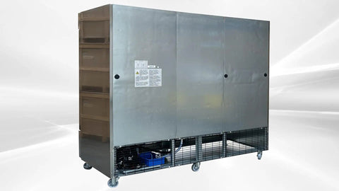 Commercial Three Door Reach In Freezer With Heavy Duty Stainless Steel Build ETL Certified Upright Setup 64 Cubic Foot Capacity side view with wheels.