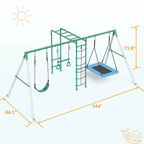 Backyard Swing Set With Monkey Bars, Belt Swing, Platform Swing, Climbing Net And Trapeze Bar For Kids, size dimensions shown