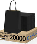 Black Kraft Paper Gift Bags With Handles 5.25 X 3.75 X 8 Inches Pack Of 20,000 on display box, heavy duty bulk bags for retail