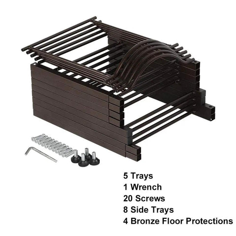 Five Tier Water Jug Rack for Five Gallon Jugs Heavy Duty Steel Bottle Organizer Shelf parts including trays, wrench, and screws
