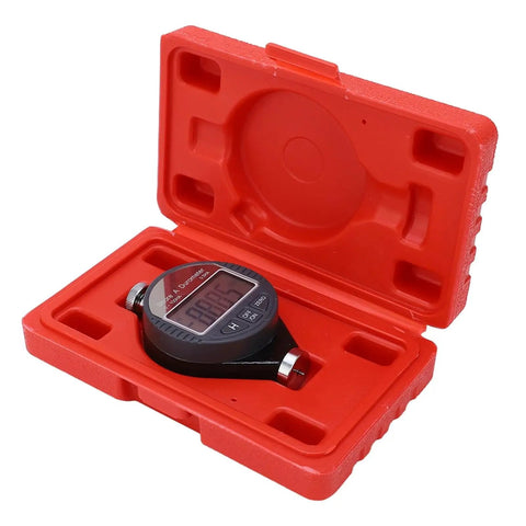 Top Shelf Digital Durometer Shore Hardness Tester Featuring LCD Screen in red case, tool for measuring rubber and plastics.