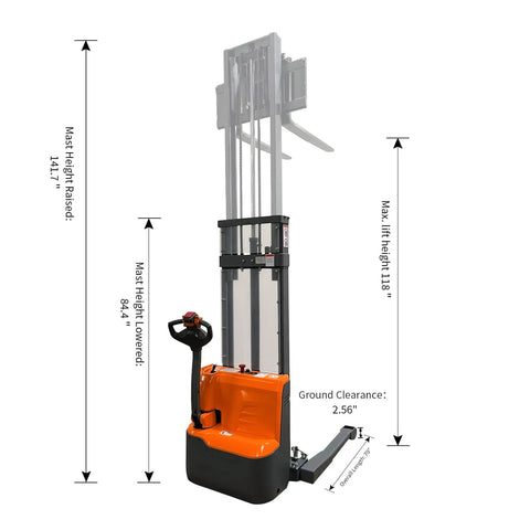 Heavy Duty Full Electric Walkie Pallet Stacker With Straddle Legs shown with max lift height of 118 inches and compact design.