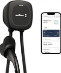 Heavy Hitter Level 2 EV Charger With 48 Amp Output And Smart App Control Wifi Bluetooth Sync For Rapid Home Charging Nema Type 4 mounted next to smartphone.