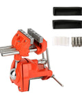 Two Piece 70mm Adjustable Mini 360 Degree Swivel Vise for Workbench with red body, attachments, and clamp jaw