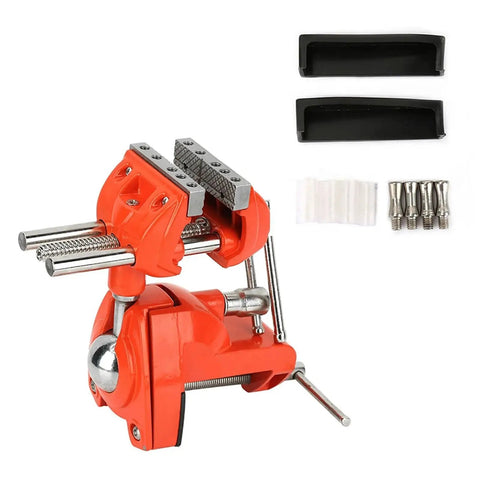 Two Piece 70mm Adjustable Mini 360 Degree Swivel Vise for Workbench with red body, attachments, and clamp jaw
