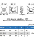 Technical diagram of adhesive wire holder with dimensions and double-sided tape description