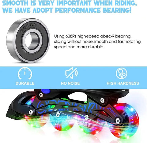 Lit Up 80mm Inline Skate Wheels With Abec9 Bearings 2 Pack Replacement for Inline Skates showing LED lights and bearing design