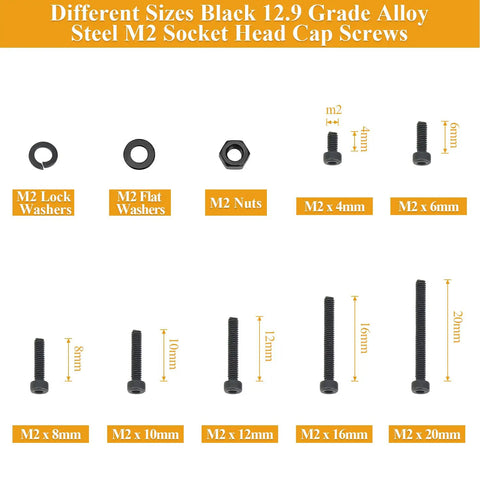 565 Piece M2 Hex Socket Head Cap Screws Nuts Washers Set Black Fully Threaded With M2 Four To Twenty Millimeter Sizes Lock And Flat Washers 12.9 Grade Alloy Steel The Go To Kit For DIY Projects And Repairs shown in size chart.
