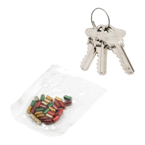 Rekey All Your Locks To One Key With This Easy Pre Cut Key Kit For Schlage Type C 5 Pin Locks Includes Three Pre Cut Keys And A Simple No Fuss Rekeying Process, featuring three metal keys on a ring and a bag of colored pins.