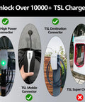 Top Tier Nacs To J1772 Ev Charging Adapter With 80 Amp Max And 250 Volt Rating Built For Tsl Chargers and Mobile Connectors displayed with various TSL connectors.