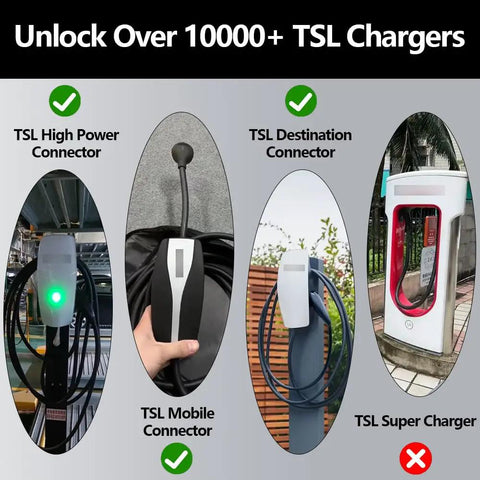 Top Tier Nacs To J1772 Ev Charging Adapter With 80 Amp Max And 250 Volt Rating Built For Tsl Chargers and Mobile Connectors displayed with various TSL connectors.