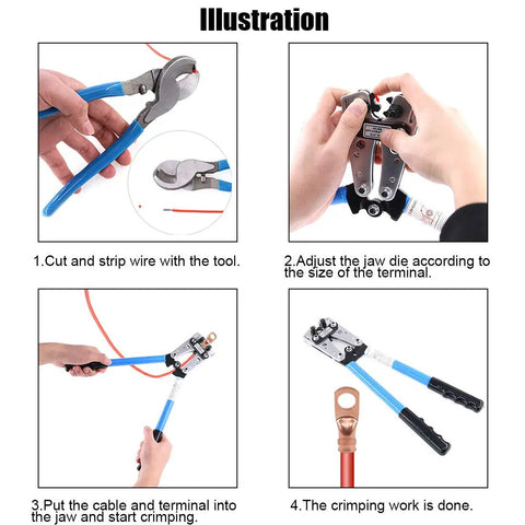 Pro Grade 2 Piece Wire Crimping Tool Kit With Cable Cutter Terminal Crimper step-by-step illustration for usage instructions.