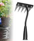 Weeding Rake 2.0 Workhorse Garden Weeder Tool With Carbon Steel Teeth for loosening soil and pulling weeds in garden bed.