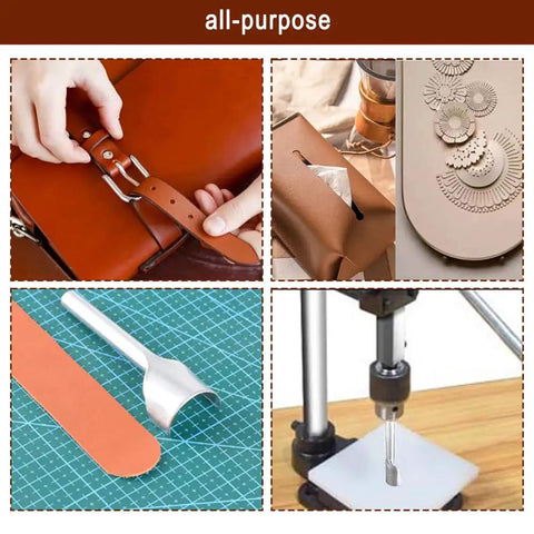 Leather Hole Puncher Kit Hand Punching Machine Manual Press For DIY Leather Craft Pro Grade Punch Tools Set With Drill Chuck Aluminum Plate 20 Piece Tool Assortment PP Plate Hex Wrenches Half Round And Switching Punches kit shown with detail shot examples