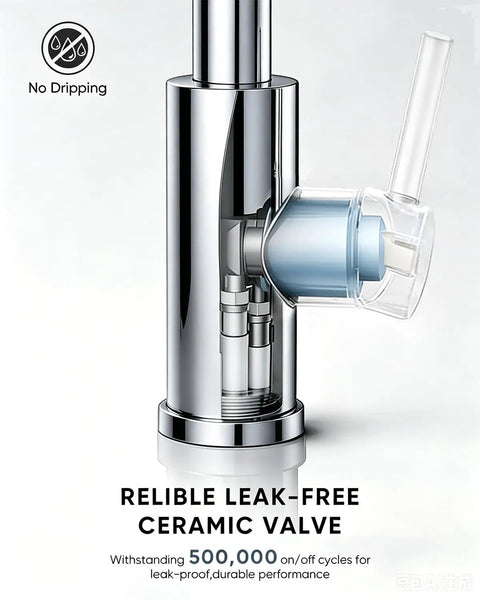 Close-up of OWOFAN Chrome Kitchen Faucet with Pull Down Sprayer ceramic valve showcasing leak-free design.