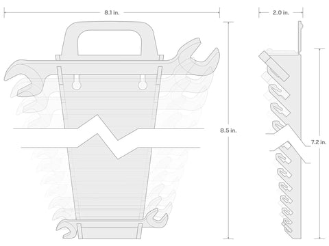Diagram of Angle Head Open End Wrench Set With Holder, 11 Piece, sizes and layout for compact storage and easy access.