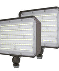 2 Pack 100W Outdoor LED Flood Light With Dusk To Dawn Sensor, front view showing LED panel and knuckle mount, waterproof design