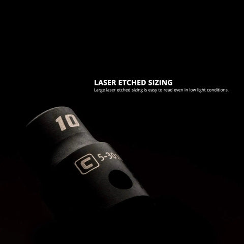 Close-up of laser-etched socket from Three Eighth Inch Drive Shallow And Deep Impact Socket Set SAE Five Sixteenths To One Inch Twenty Four Piece Premium Chrome Molybdenum Steel With Billet Aluminum Socket Rail Built To Handle Beefy Torque And Real World Use.