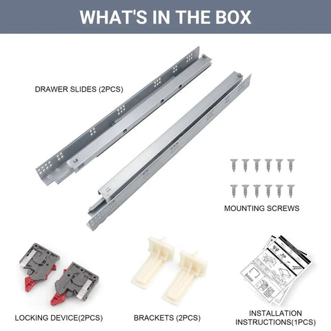 2 Pack 21 Inch Undermount Drawer Slides With Soft Close Action Full Extension Concealed Runner Set components including slides, brackets, screws.