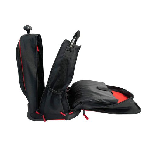 Side view of Heavy Duty Rolling Tool Backpack With 14 Inch Laptop Sleeve, showing multi-pocket design and open compartments.
