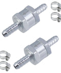 Front view: two stainless steel one-way fuel check valves with barbed fittings and four adjustable hose clamps.