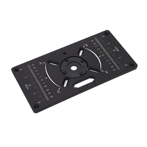 Heavy Duty Aluminum Router Table Insert Plates For Workshop Pros And 24X13X2 Inch showing precision adjustable holes and measurement guides.