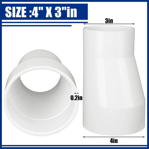 Front and side view of 3 Pack 4 By 3 Inch PVC Pipe Fittings Eccentric Reducer Coupling Schedule 40 High Flow For Pool Spa DIY Plumbing Irrigation White