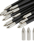12 Pack 100 Grain Stainless Steel Pro Grade Field Tips For 8mm Arrows, silver glue-on points for target practice on black shafts.