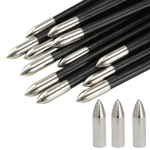 12 Pack 100 Grain Stainless Steel Pro Grade Field Tips For 8mm Arrows, silver glue-on points for target practice on black shafts.