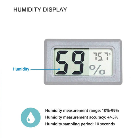 Close-up of Four Pack Mini Digital Temp And Humidity Meters With Probes, showing humidity display reading 59% and temperature 75.7°F