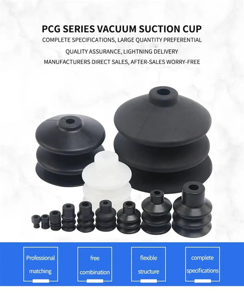 PCG Series Vacuum Suction Cups, various sizes, black and white rubber, for Industrial PcG Series Pneumatic Robot Manipulator Rubber Suction Cup Chuck Accessories.