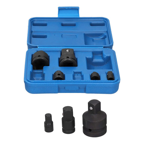 Eight Piece Pneumatic Sleeve Adapter Set Double Ended Socket Reducers For Quick Vehicle Repairs Three Eighths To One Quarter Inch And One Half To Three Quarters Inch Size Transitions In One Kit Chrome Vanadium Steel With Handy Toolbox