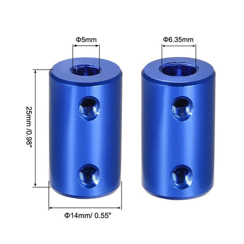 Blue Aluminum Shaft Coupler 5mm To 0.25 Inch Bore Rigid Set Screw 25mm Long 14mm Outer Diameter L25XD14 4 Pack Motor Connector For Stepper Motors 3D Printers CNC And DIY Robotics, front view with size labels