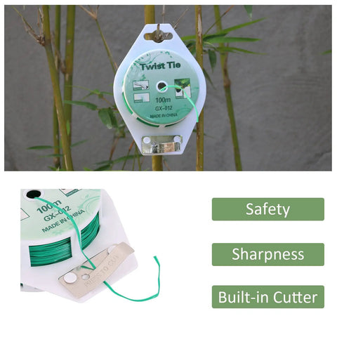 Heavy Duty All Purpose Coated Garden Ties With 328 Feet Of Trimmer Twine attached to bamboo, highlighting built-in cutter