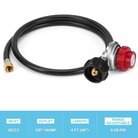 Beefy Cast Iron Propane Burner Head With 20 PSI Regulator And Hose showing hose length and fittings for outdoor cooking.