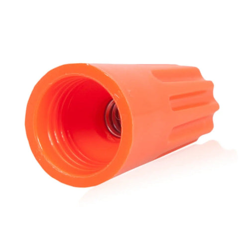Close-up of an orange electrical wire connector, part of Orange Electrical Wire Connector Screw Terminal Kit 500 Pack Cone Shaped No Fuss Twist On UL Listed RoHS Compliant Great For Home Lighting Projects Accommodates Up To Four 16 AWG Wires And One 20 AWG.