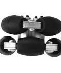 Omni wheel with aluminum hub and black PU rollers for robots; close-up view
