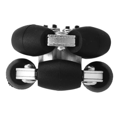 Omni wheel with aluminum hub and black PU rollers for robots; close-up view