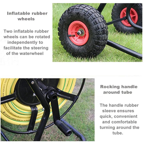Totally Rock Solid Heavy Duty Garden Hose Reel Cart With Smooth Rolling Wheels features inflatable rubber wheels and a rocking handle.