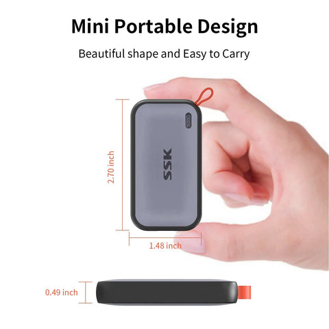 Portable 500GB External SSD With USB C Up To 1050 MBps USB 3.2 Gen2 in hand, dimensions shown, compact design