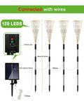 Diagram of Solar Powered Firework Garden Lights 4 Pack With 120 LED Starburst String 8 Modes Remote Control Flexible Copper Wire Outdoor Fairy Lights For Weddings Christmas Lawn Backyard Patio showing connected wires and solar panel.