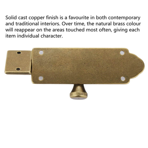 Front view of Beefy Barrel Bolt Latch For Barn Doors, 5 Inch Solid Copper Door Lock With Anti Rust Marine Grade Build, shown in antique brass finish.