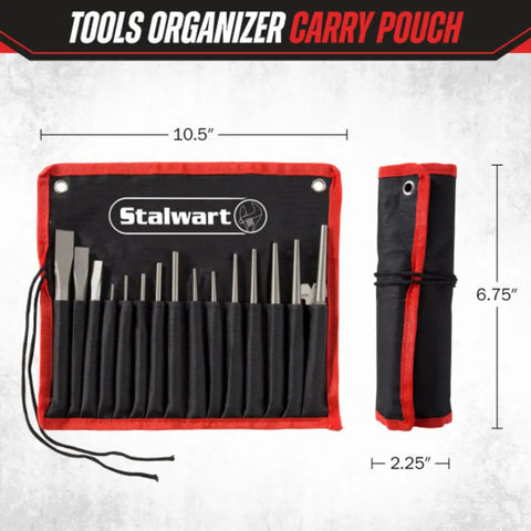 16 Piece Punch And Chisel Set For Woodworking Metalworking And Auto DIY Projects in a black and red roll-up carry pouch