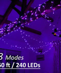 60ft Black Light String Lights With 240 LEDs for lit glow parties and bedroom decor, shown in a room with exposed beams and chandelier.