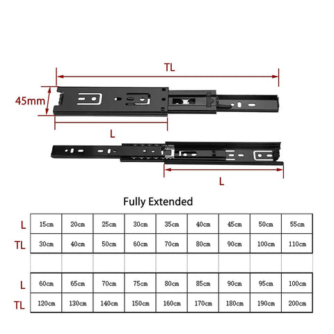 Heavy Duty Full Extension Drawer Slide With 300 600 1000mm Rails, ball-bearing metal kitchen rail with measurements chart