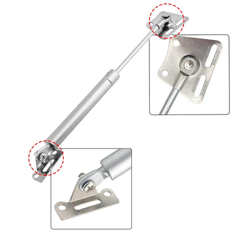 Dual 200N 45Lb Gas Struts For Heavy Lids, 10 Inch Soft Close Gas Spring Hinges, chrome plated finish, close-up views