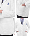 Legit Day Shift Ready Mens Snap Front Lab Coat In Crisp White With Breezy Stretch Fabric For Nurses Doctors And Med Students Solid Comfort Heavy Duty Professional Attire close-up of front, showing pockets and snap buttons.