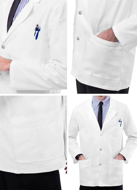 Legit Day Shift Ready Mens Snap Front Lab Coat In Crisp White With Breezy Stretch Fabric For Nurses Doctors And Med Students Solid Comfort Heavy Duty Professional Attire close-up of front, showing pockets and snap buttons.