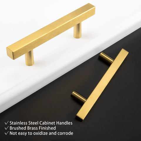 Stainless Steel Brushed Brass T Bar Cabinet Pulls 3-3/4 Inch Hole Centers, 6 Inch Overall Length, 1.34 Inch Height, Gold Cabinet Handles For Kitchen Cupboard And Drawer Hardware, 20 Pack