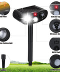 Outdoor Ultrasonic Deer Repellent Device With PIR Motion Sensor And LED Strobe 2 Pack Dual Deterrent For Yards And Gardens That Keeps Deer Away With Loud Ultrasonic Waves And Bright Flash, solar panel and spike